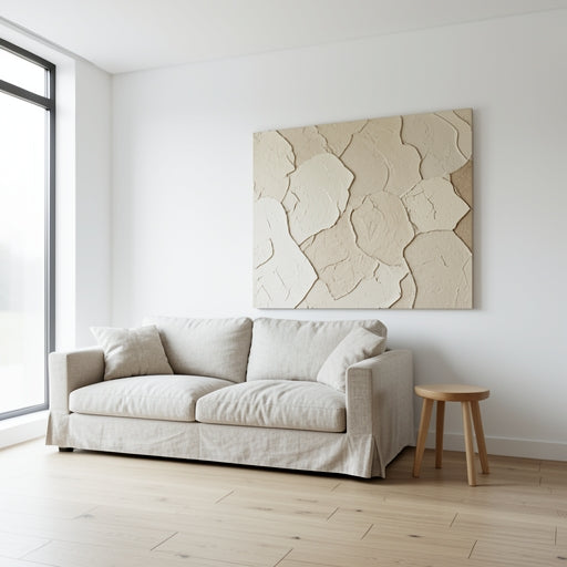 Hand-painted Wabi-Sabi textured wall art in minimalist living room