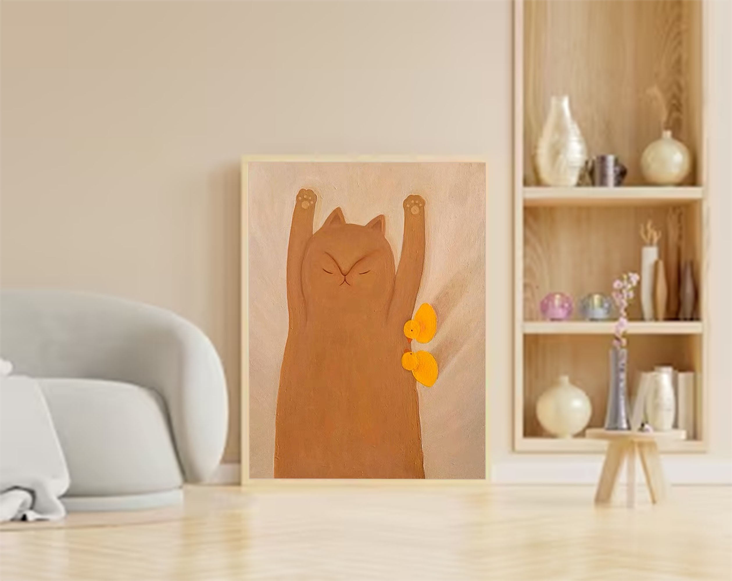 Morning Stretch: Whimsical Cat & Chicks Nursery Wall Art for Kids Room
