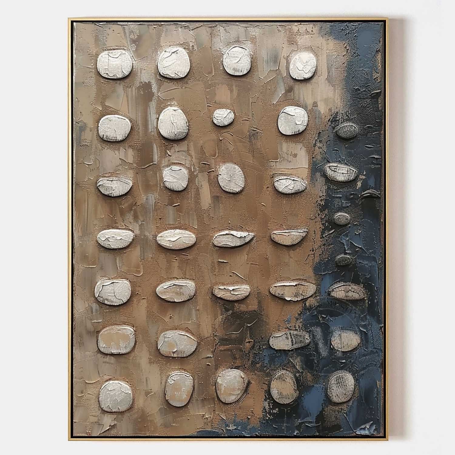 Shoreline Relics: Industrial Wabi Sabi Textured Painting with 3D Stone Relief