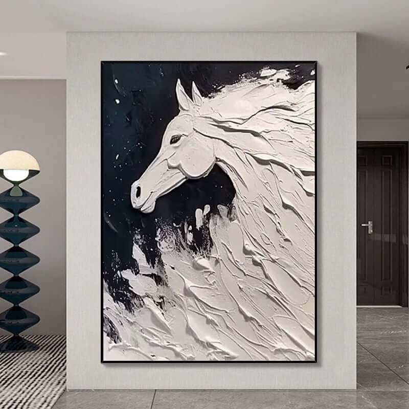 Celestial Steed: A Dramatic Textured Horse Wall Art in Black and White