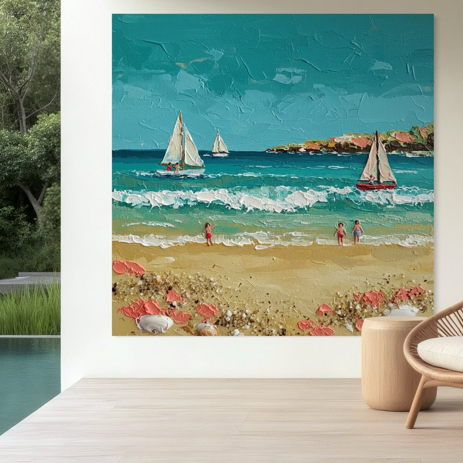 Summer Sail: A Charming Coastal Beach Canvas Painting with 3D Details
