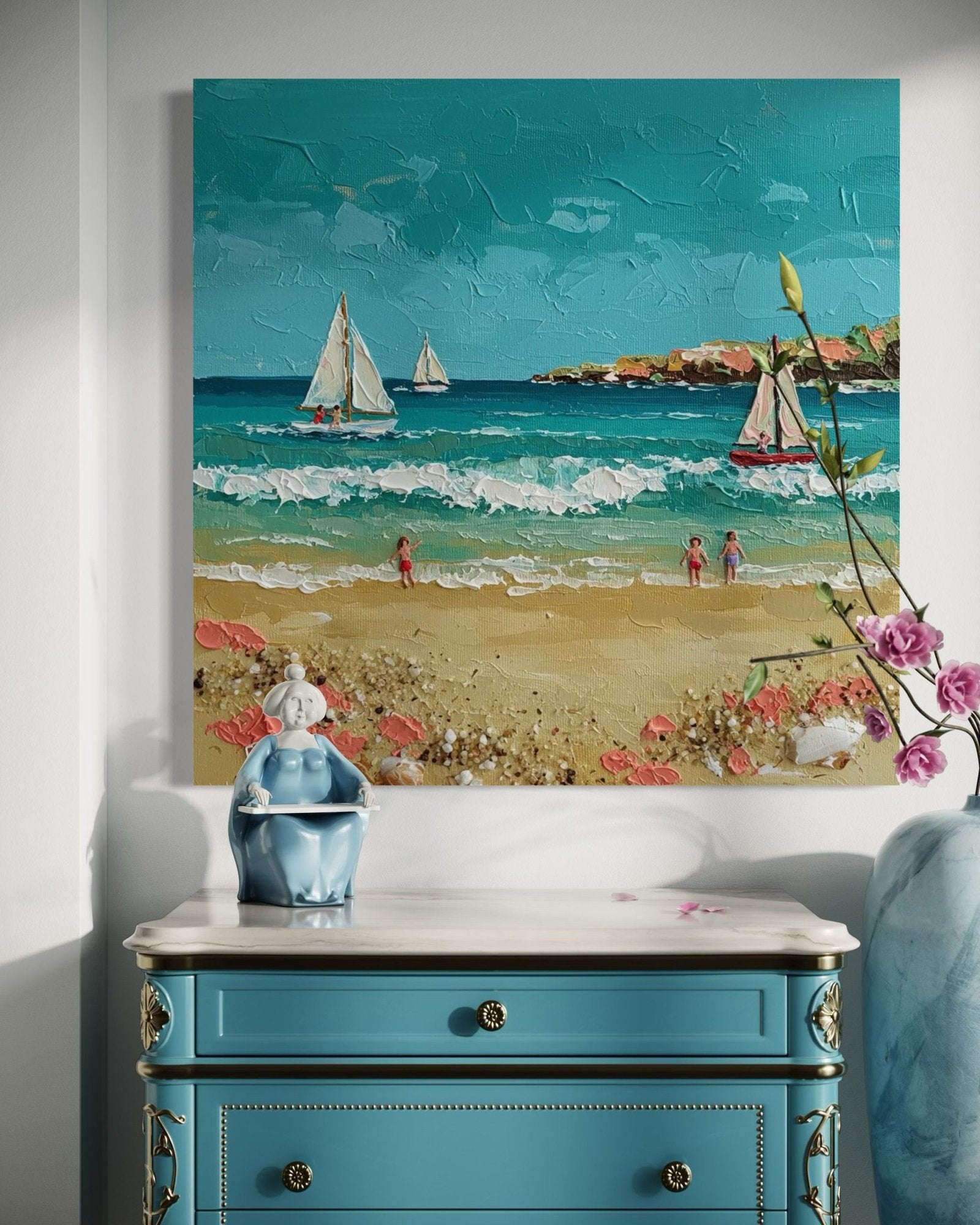 Summer Sail: A Charming Coastal Beach Canvas Painting with 3D Details