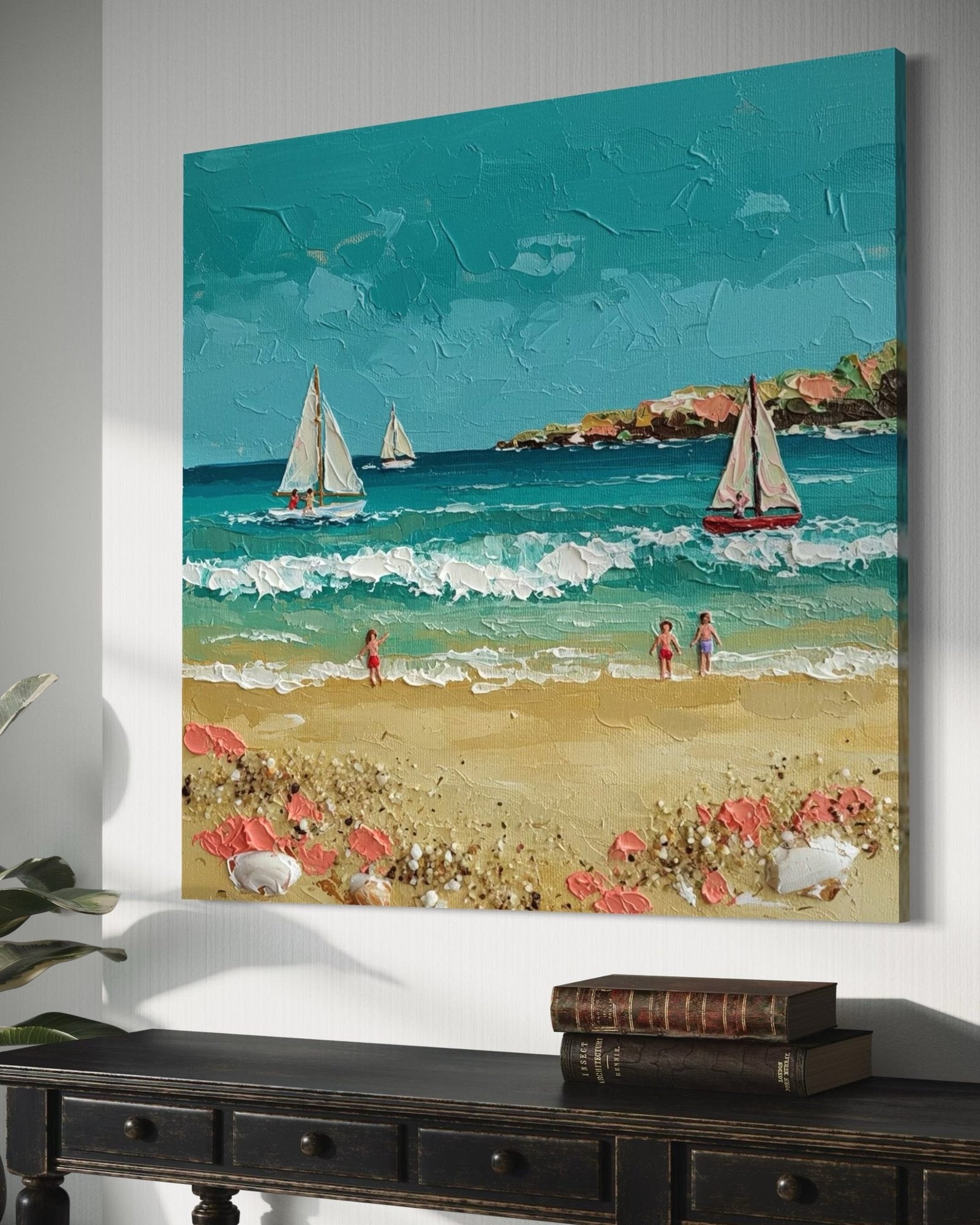 Summer Sail: A Charming Coastal Beach Canvas Painting with 3D Details