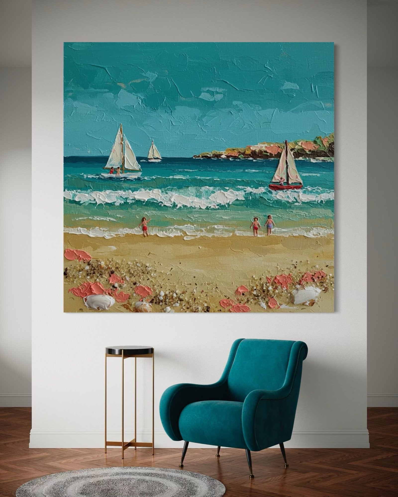 Summer Sail: A Charming Coastal Beach Canvas Painting with 3D Details