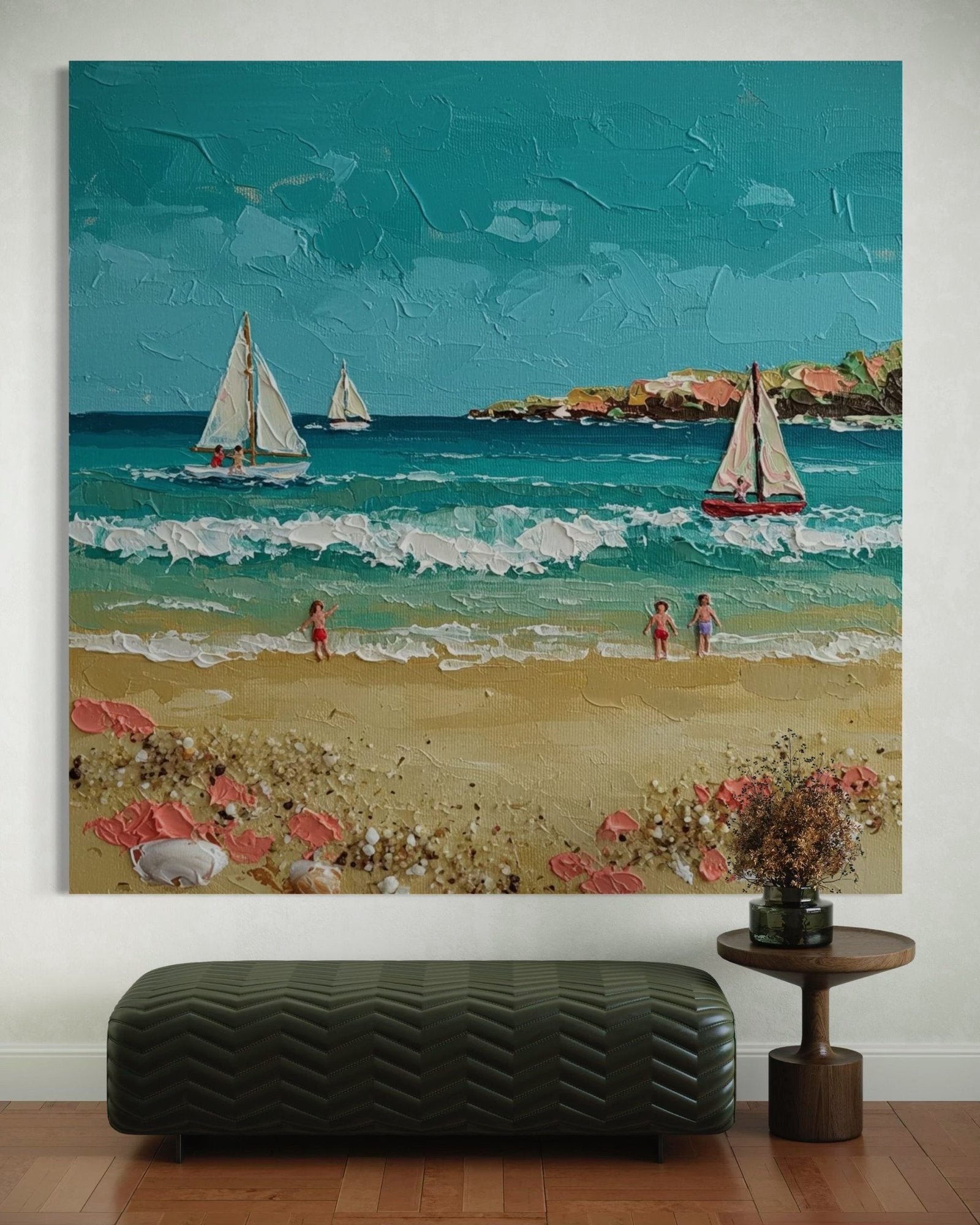 Summer Sail: A Charming Coastal Beach Canvas Painting with 3D Details