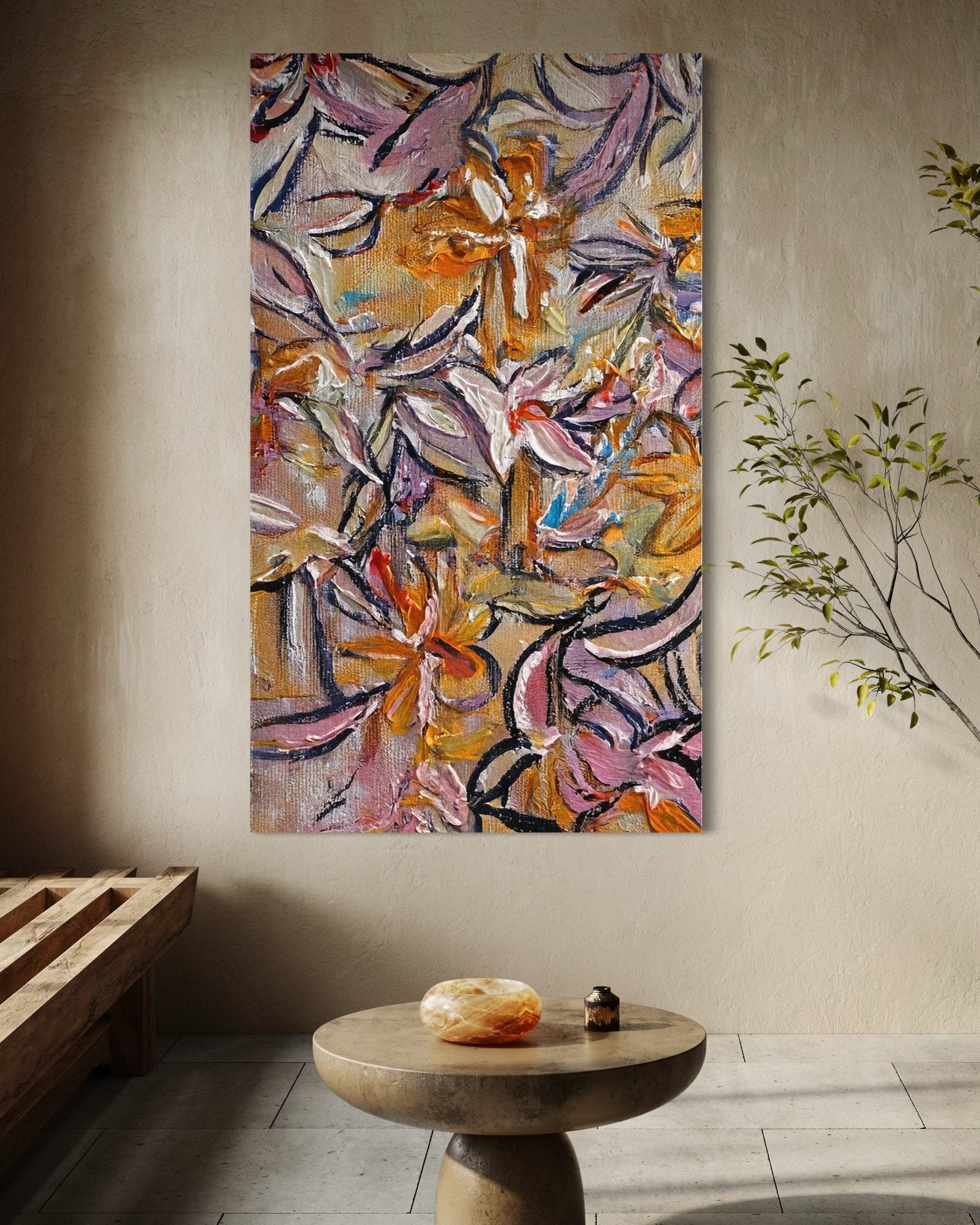 Autumnal Tapestry: A Richly Textured Floral Canvas Painting for a Warm Interior