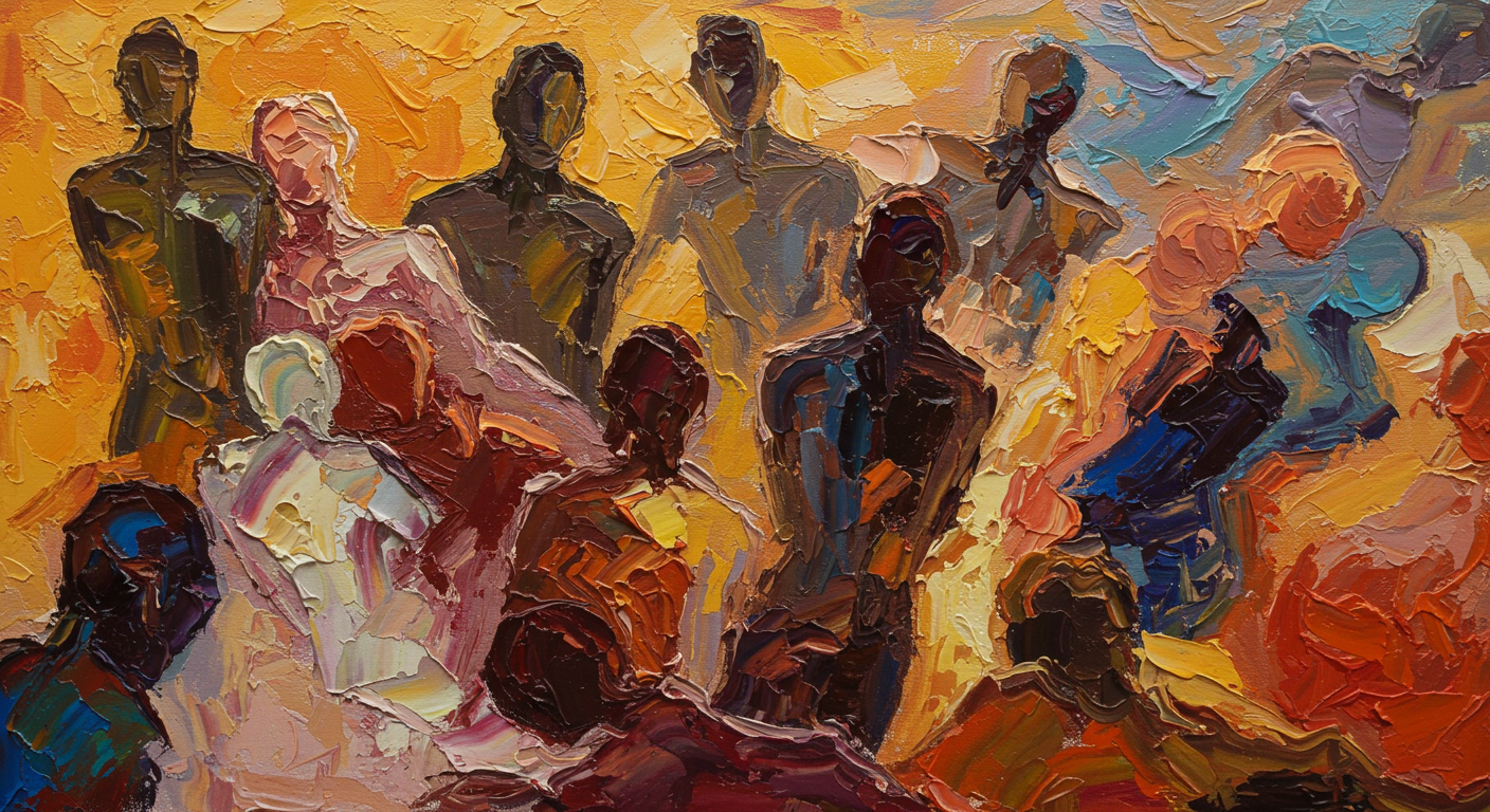 The Golden Assembly: A Vibrant Contemporary Portrait Canvas Painting