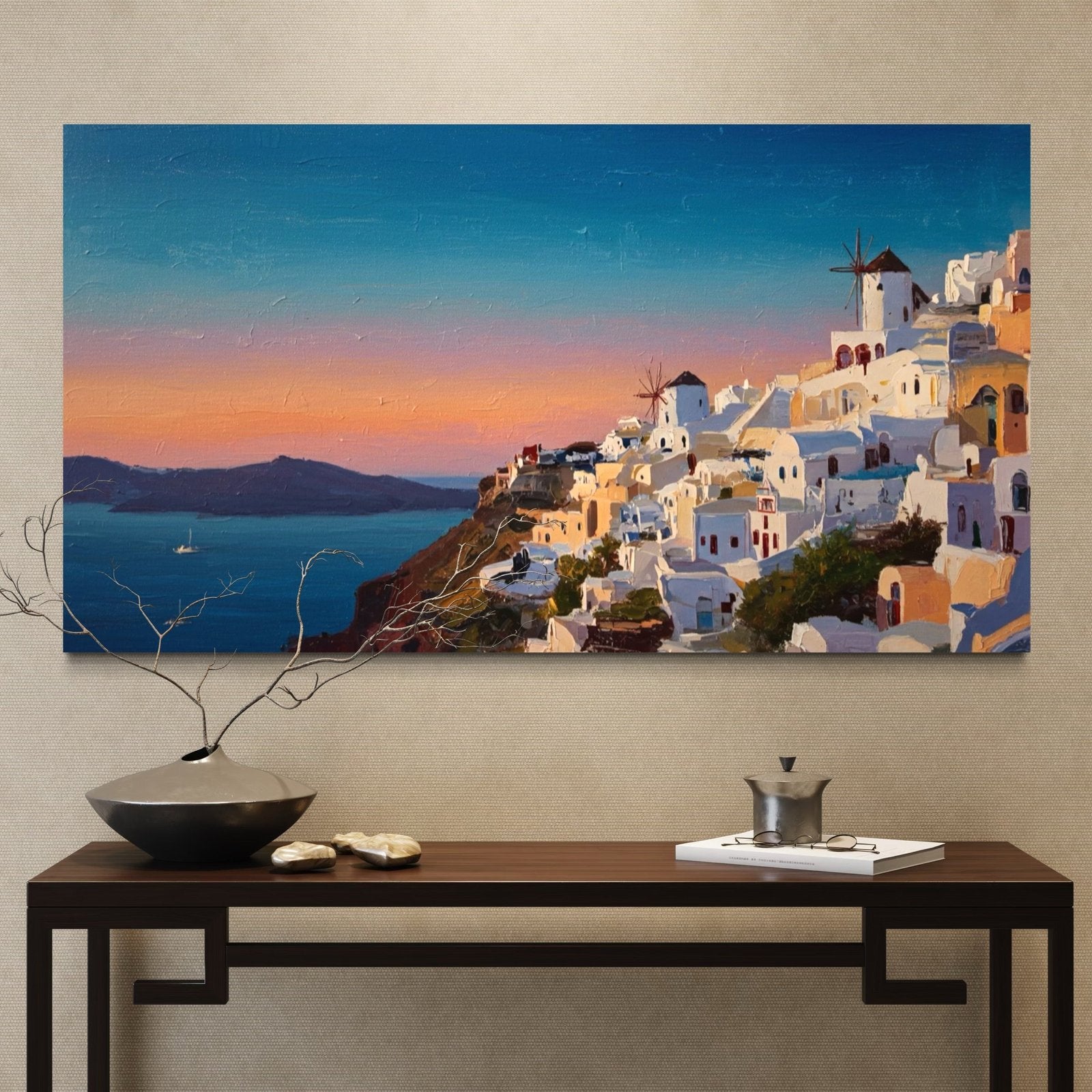 Aegean Glow: A Breathtaking Coastal Cityscape Canvas Painting