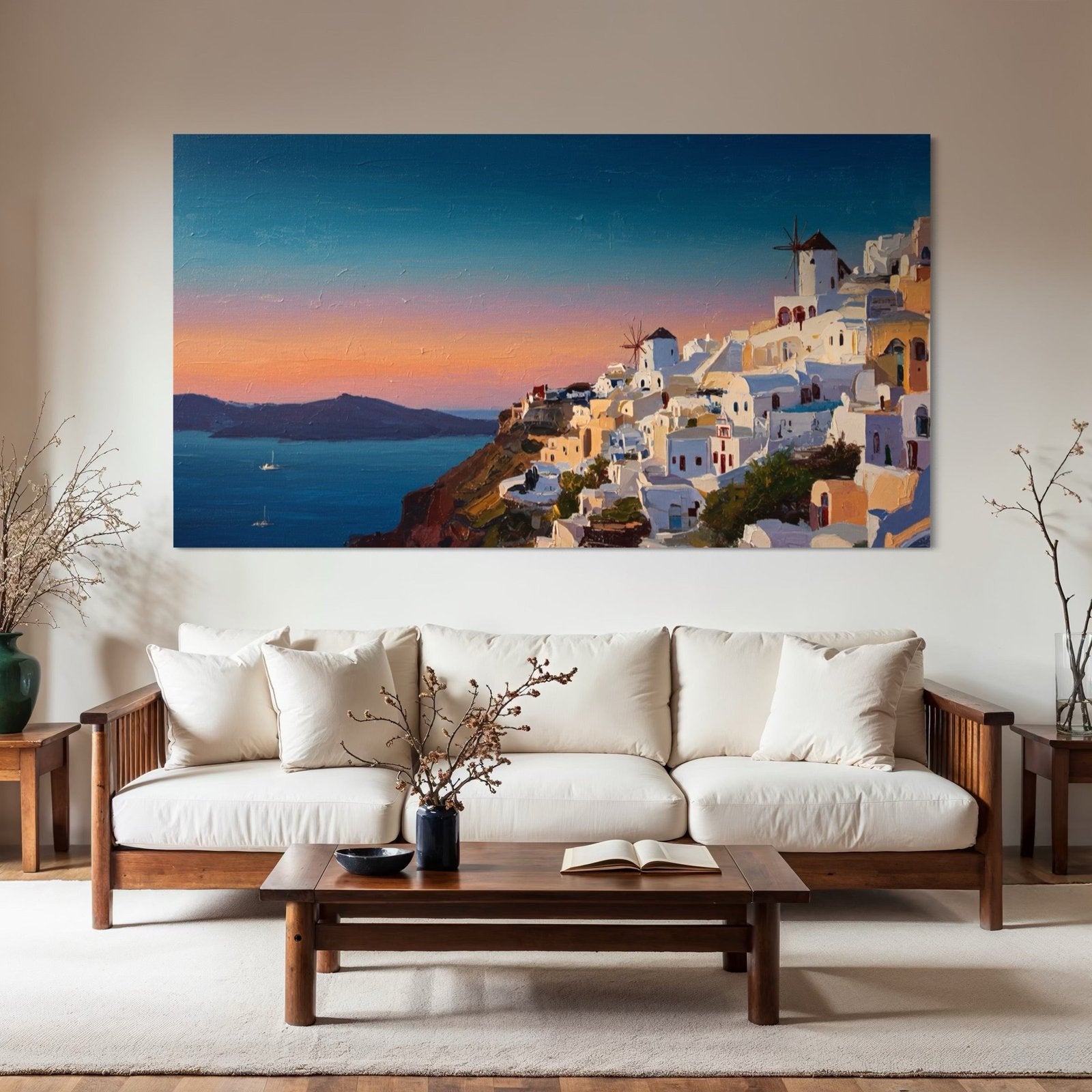 Aegean Glow: A Breathtaking Coastal Cityscape Canvas Painting