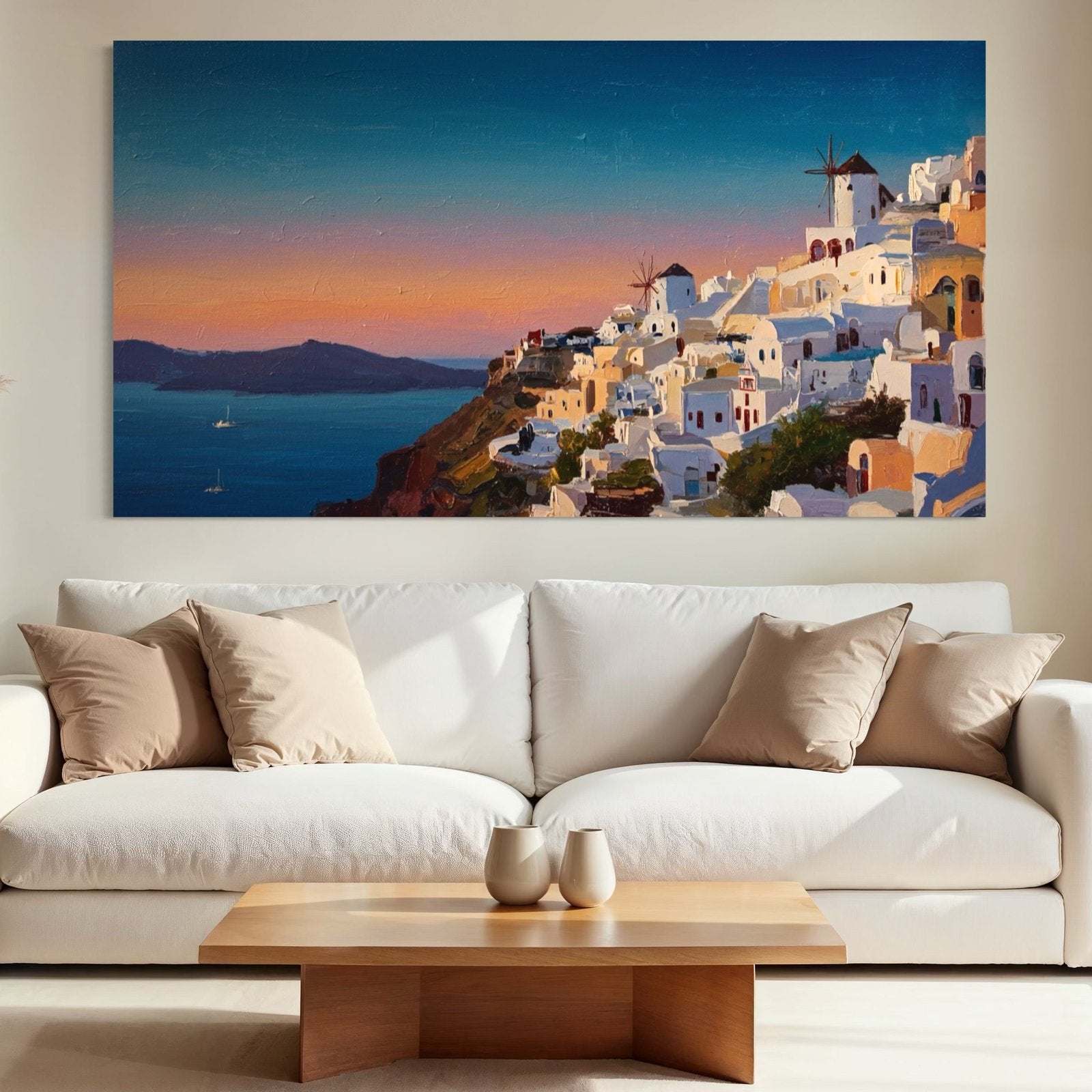Aegean Glow: A Breathtaking Coastal Cityscape Canvas Painting