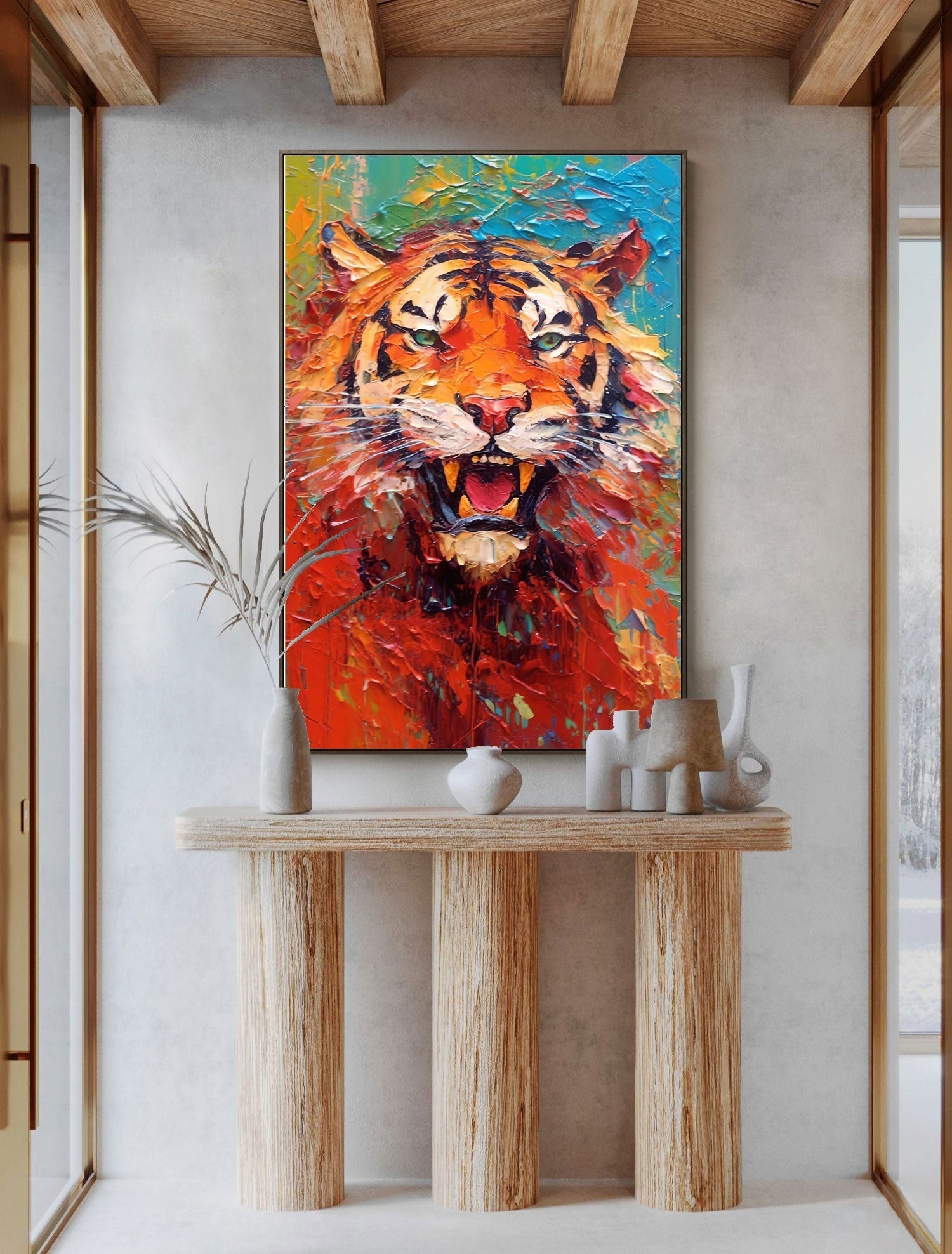 Primal Fire: A Textured Tiger Wall Art for Modern Office Decor