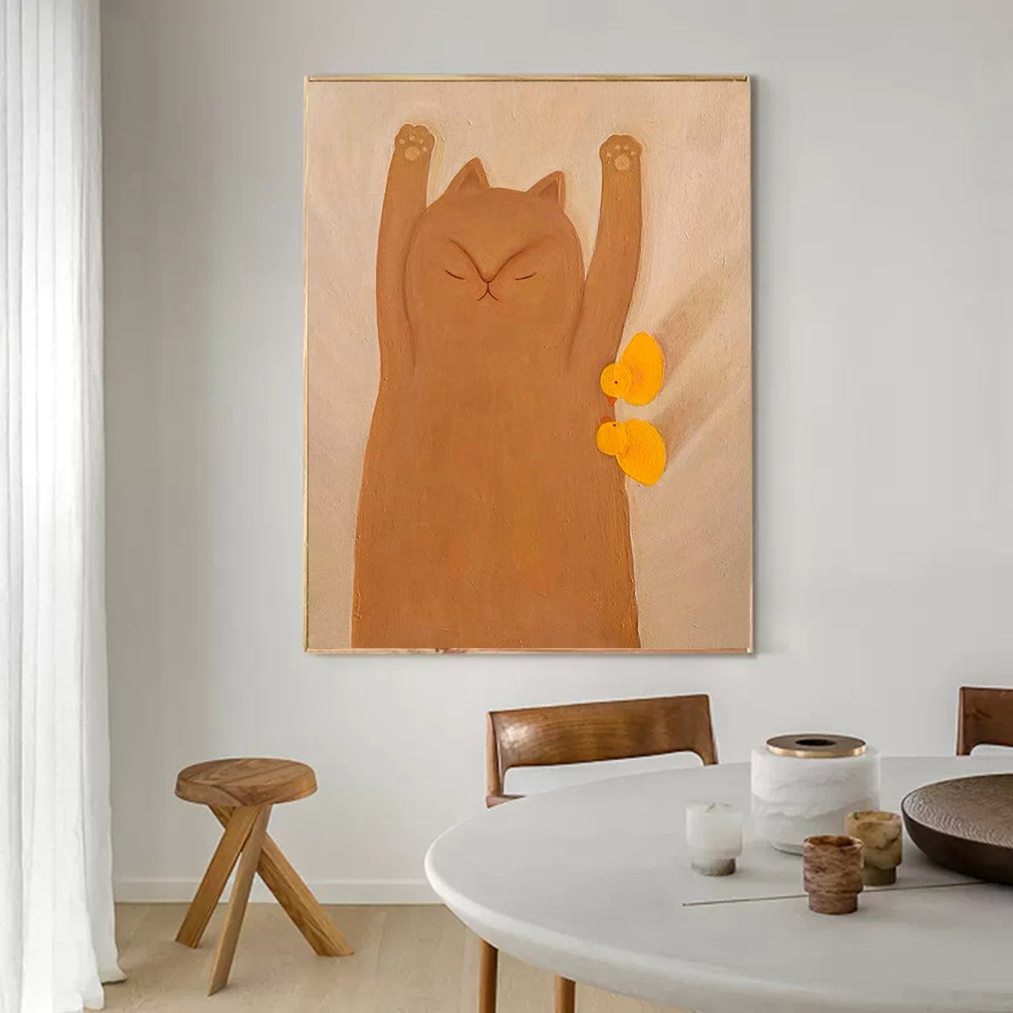 Morning Stretch: Whimsical Cat & Chicks Nursery Wall Art for Kids Room