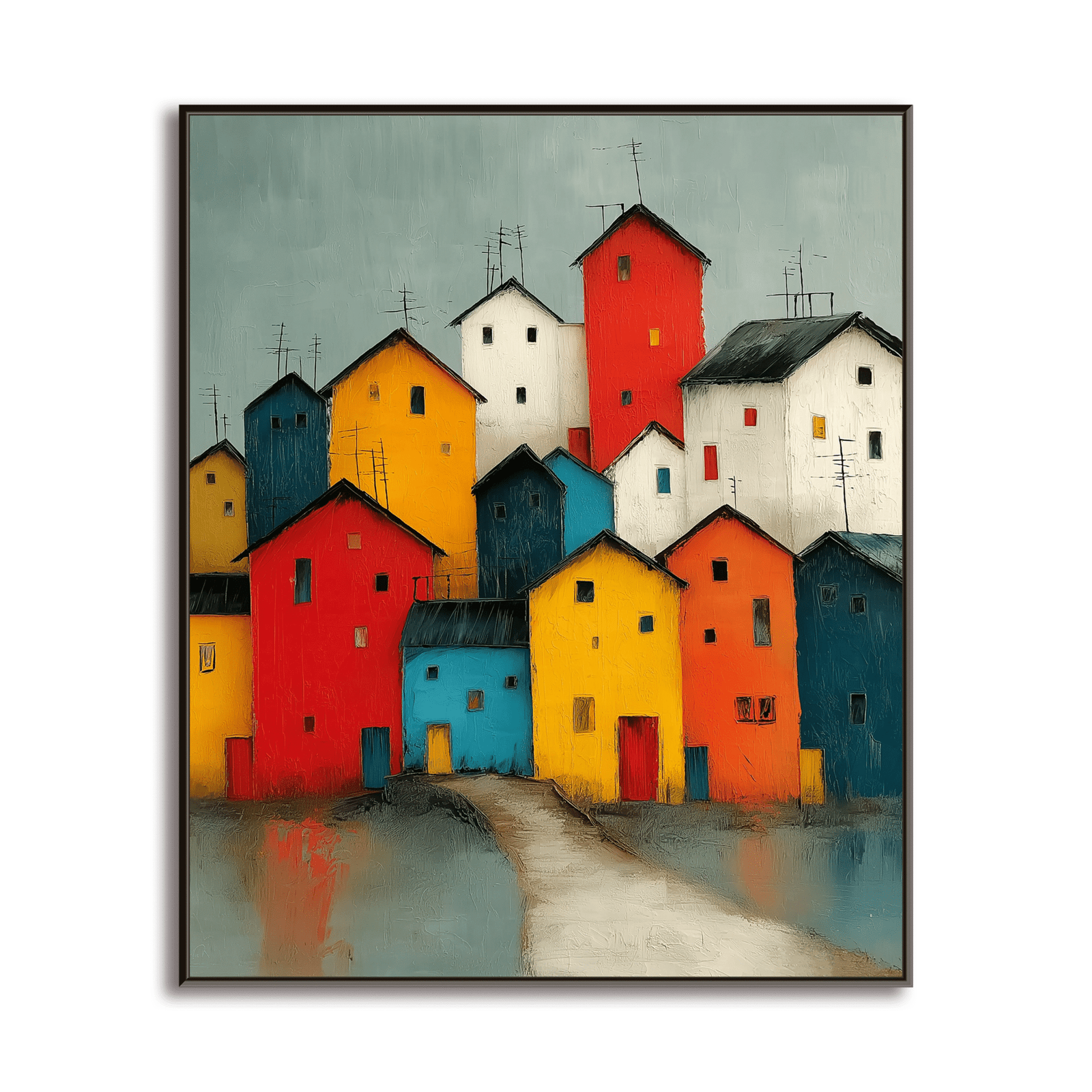 Village Vibrance: A Colorful Contemporary Cityscape Canvas Painting
