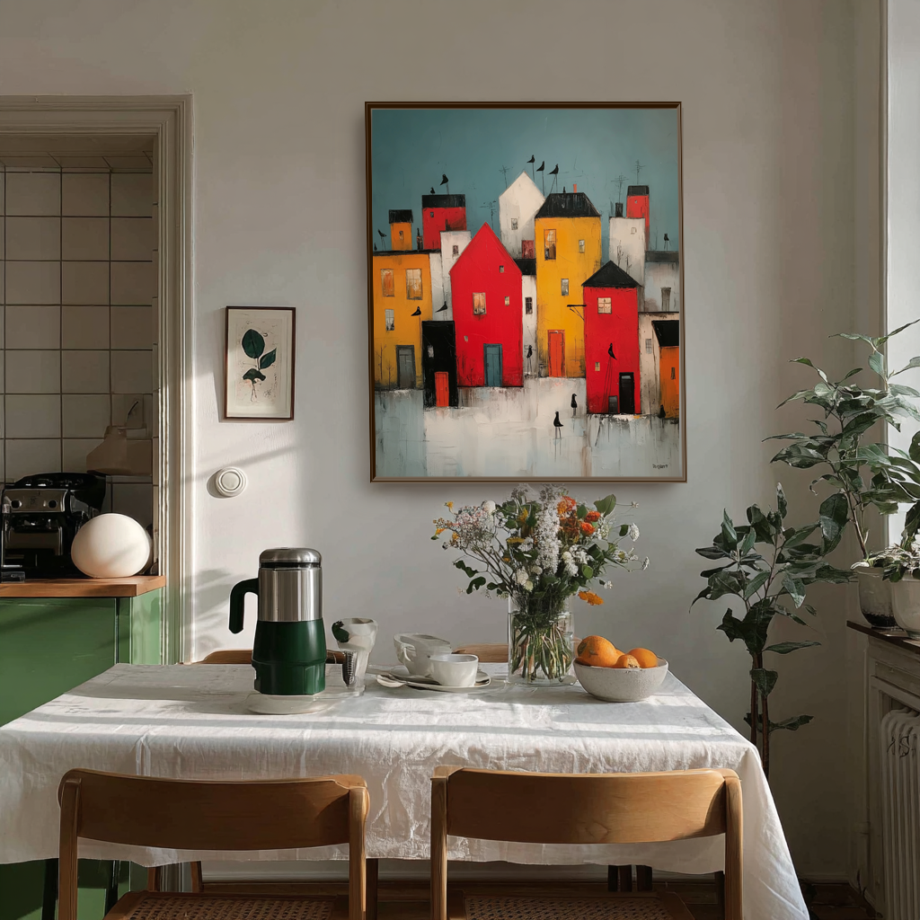 Village Vibrance: A Colorful Contemporary Cityscape Canvas Painting