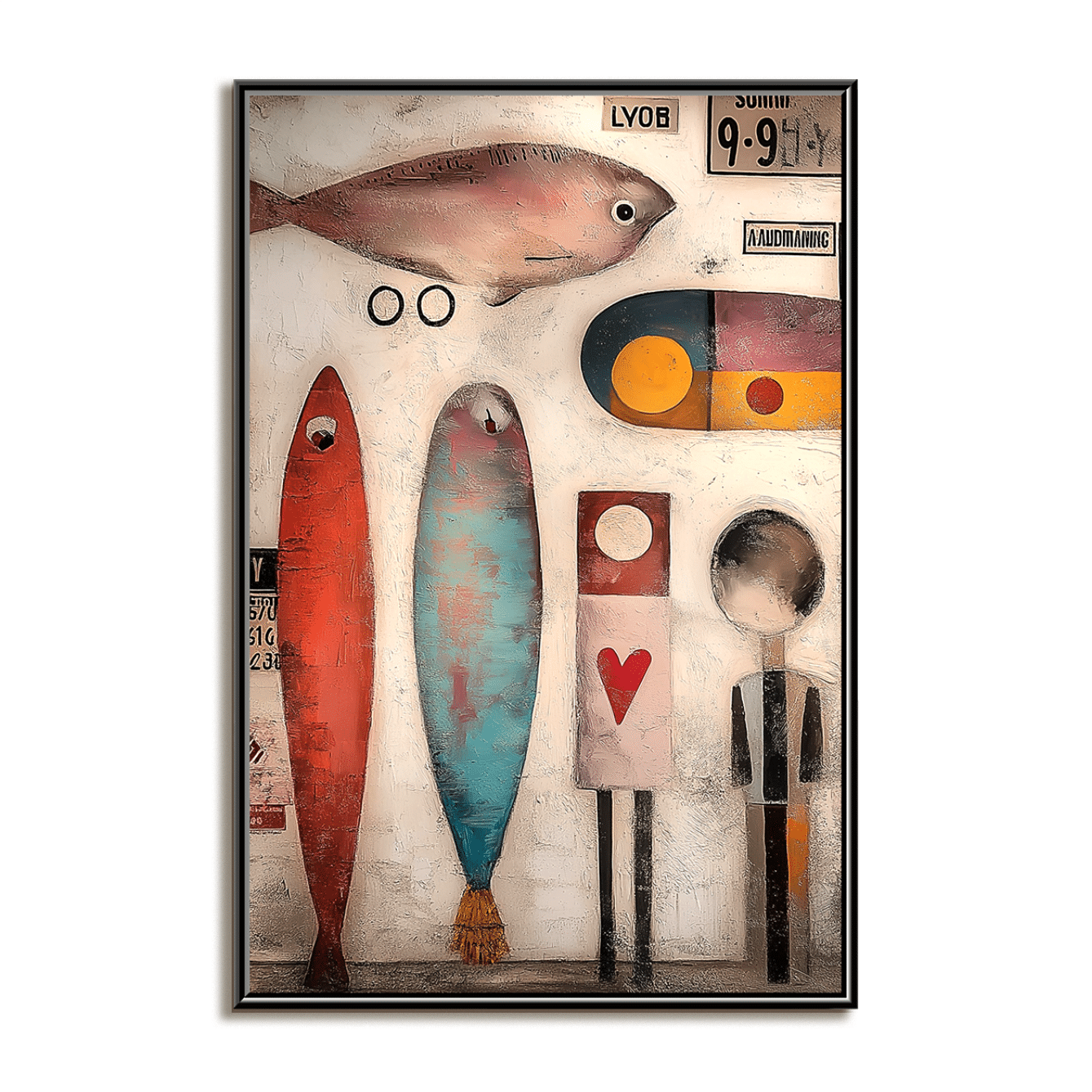 The Curious Lineup: Whimsical Textured Abstract Fish Painting for Kids' Room Decor