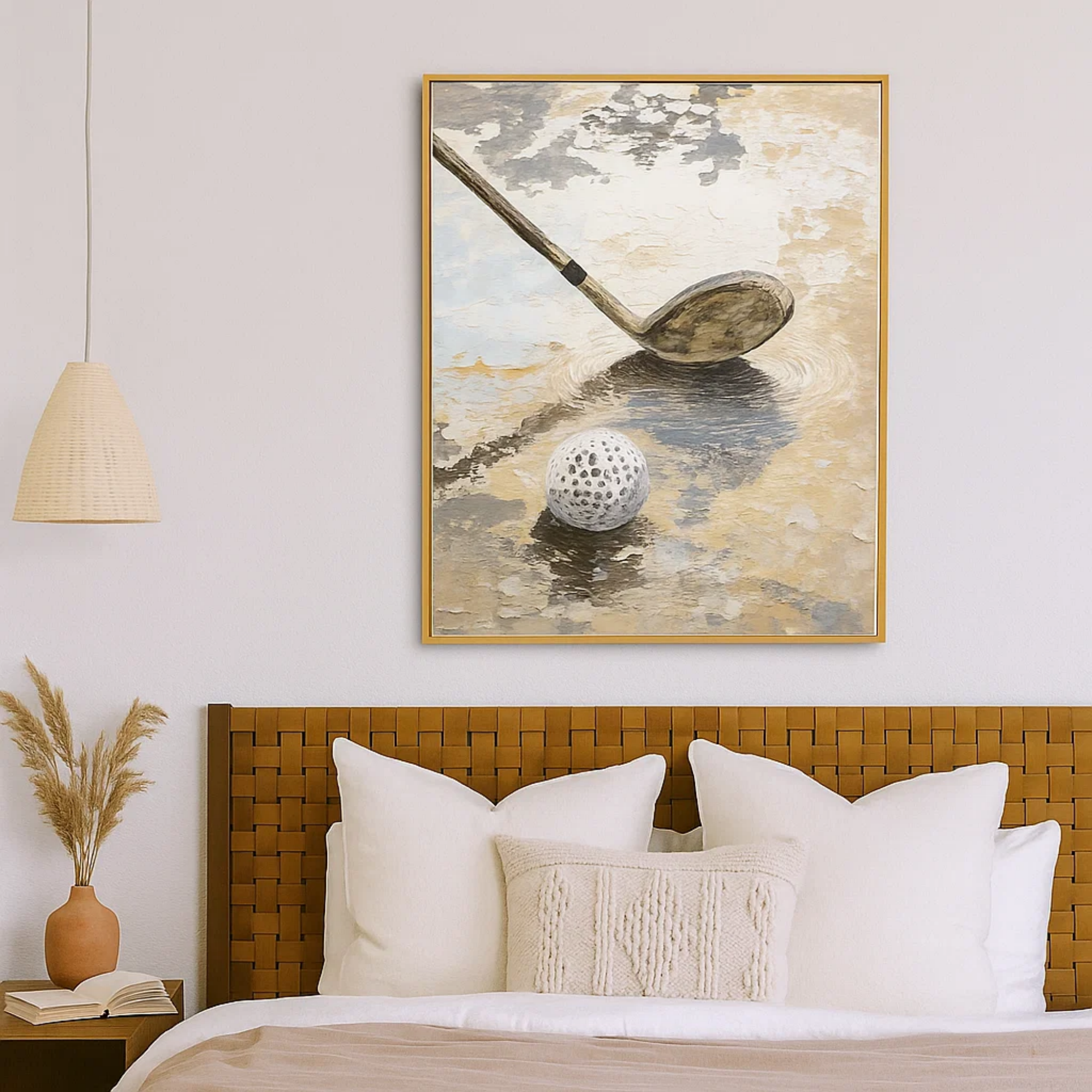 Neutral Golf Wall Art, Textured Beige Gray Canvas Painting for Sports Room or Office