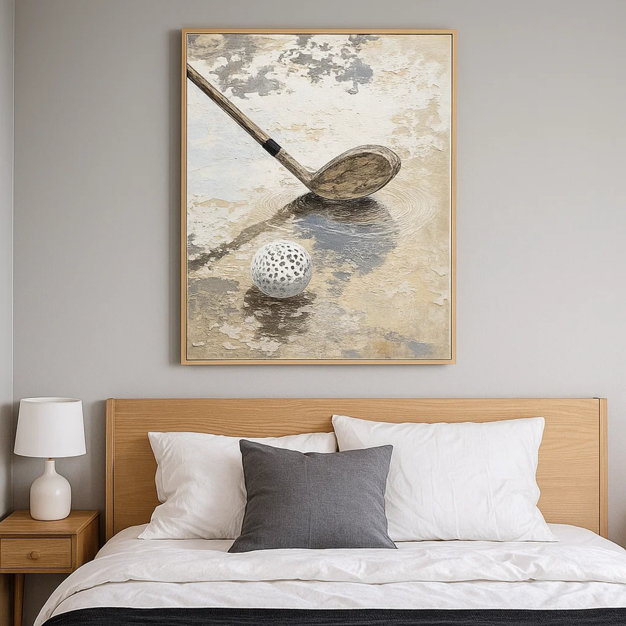 Neutral Golf Wall Art, Textured Beige Gray Canvas Painting for Sports Room or Office