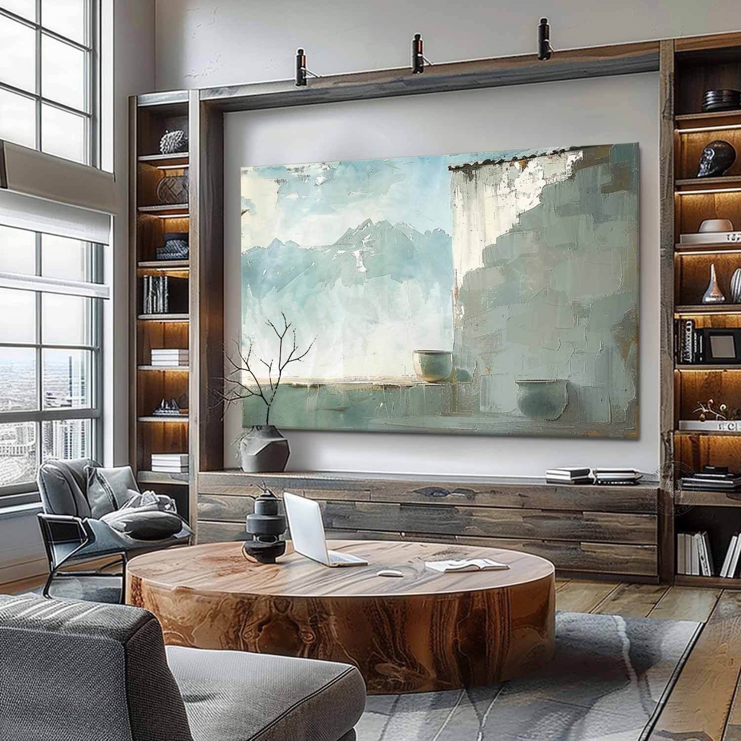 Wabi Sabi Mountain Landscape Wall Art, Blue Neutral Textured Canvas for Living Room