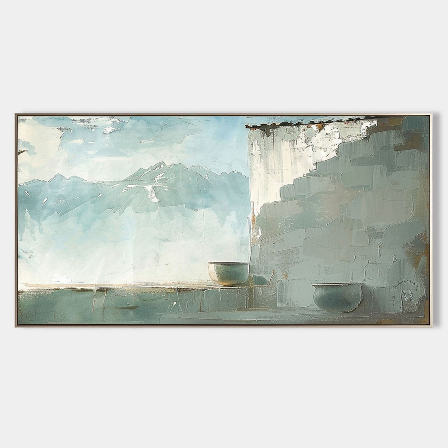 Wabi Sabi Mountain Landscape Wall Art, Blue Neutral Textured Canvas for Living Room
