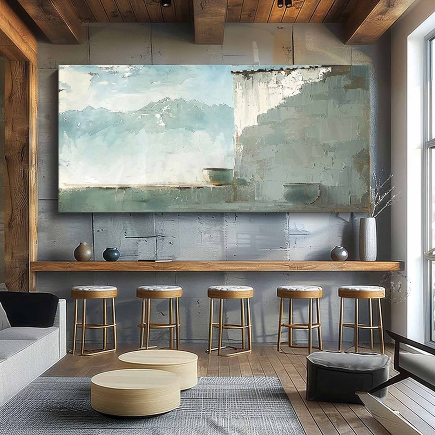 Wabi Sabi Mountain Landscape Wall Art, Blue Neutral Textured Canvas for Living Room
