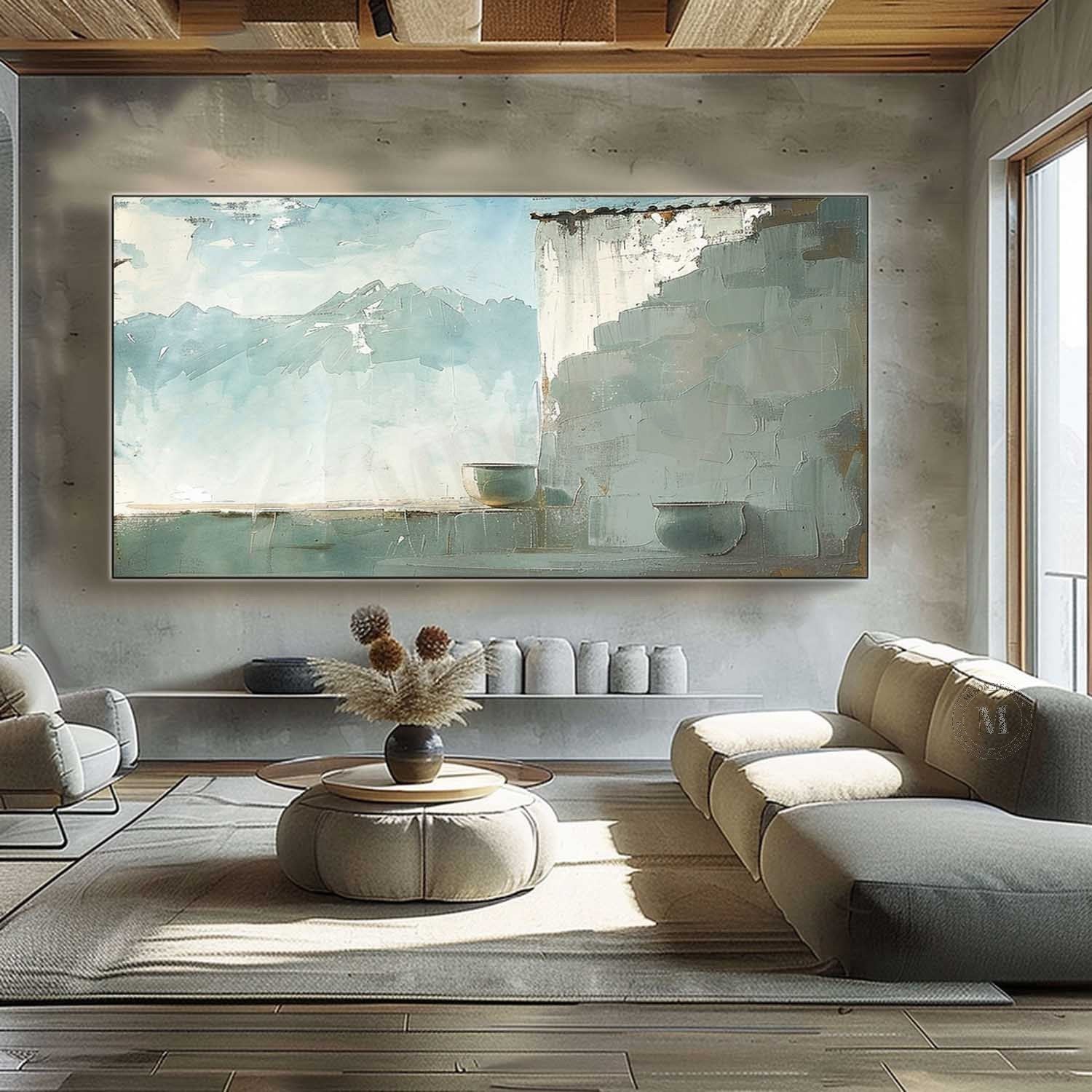 Wabi Sabi Mountain Landscape Wall Art, Blue Neutral Textured Canvas for Living Room