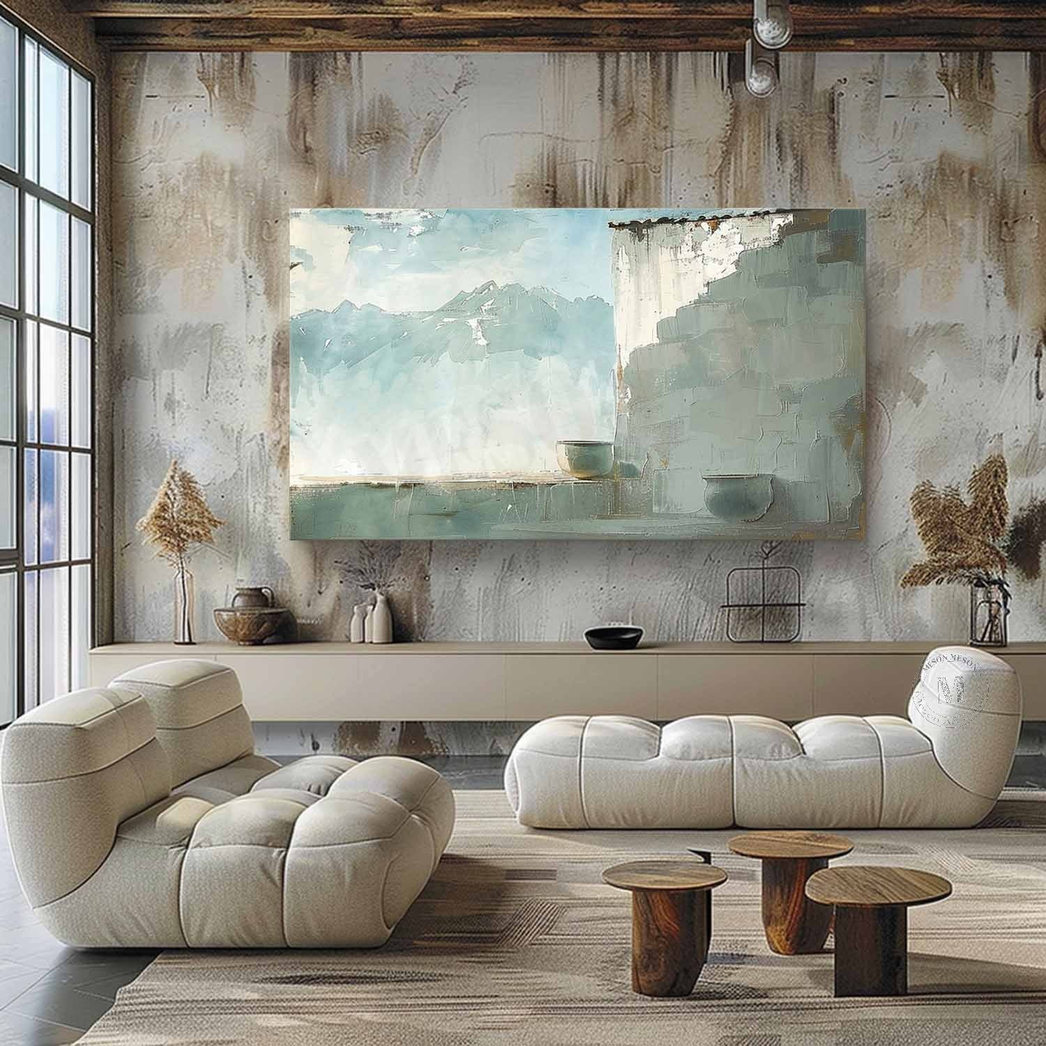 Wabi Sabi Mountain Landscape Wall Art, Blue Neutral Textured Canvas for Living Room