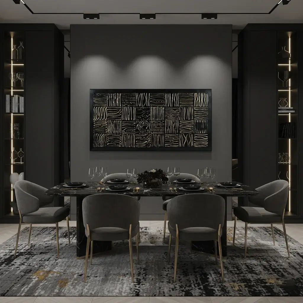 Midnight Mosaic: Textured Black and White Abstract Painting with Geometric Patterns