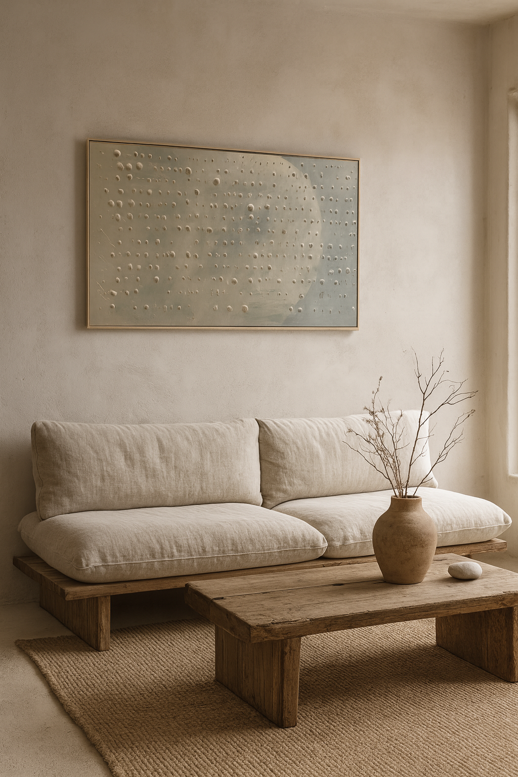 Wabi Sabi Neutral Moon Textured Wall Art, Large Minimal Abstract Canvas for Living Room