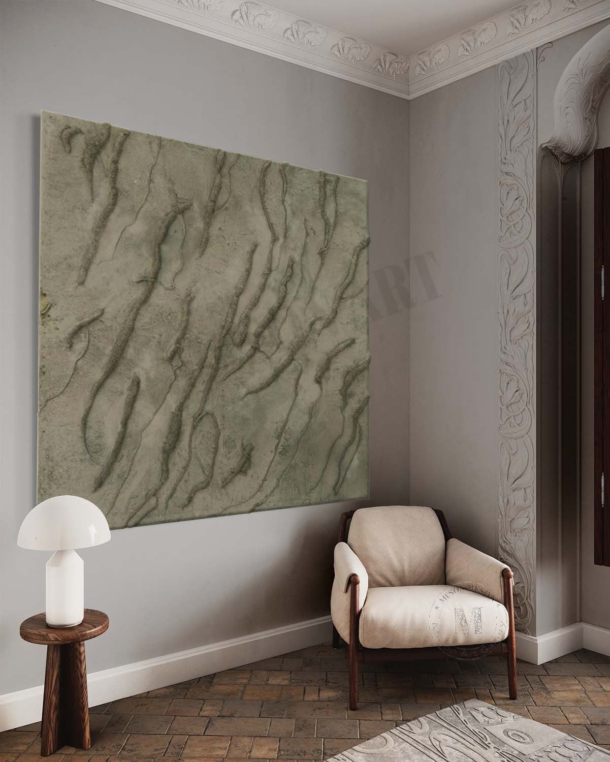 Wabi Sabi Earthy Green Textured Wall Art, Minimal Abstract Square Canvas for Living Room