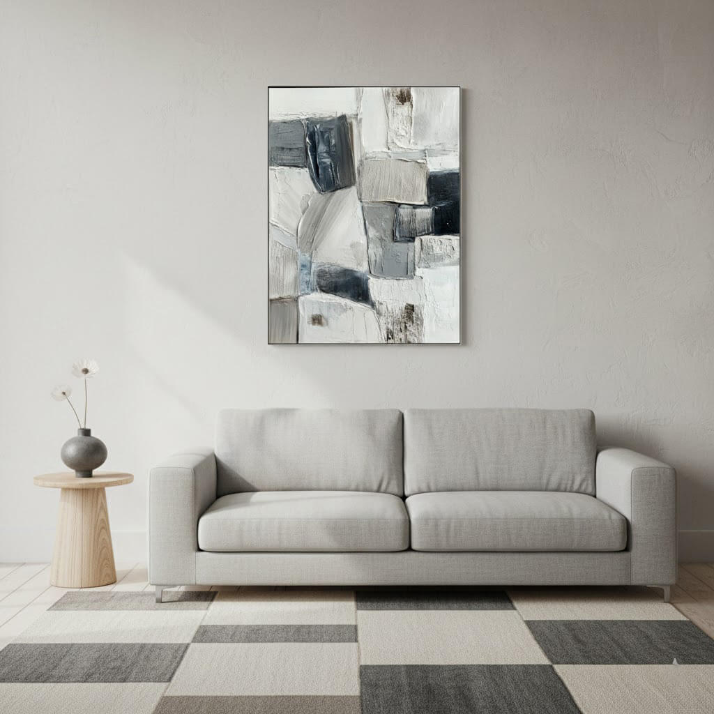 Urban Layers: Textured Black and White Abstract Painting for Modern Wall Decor