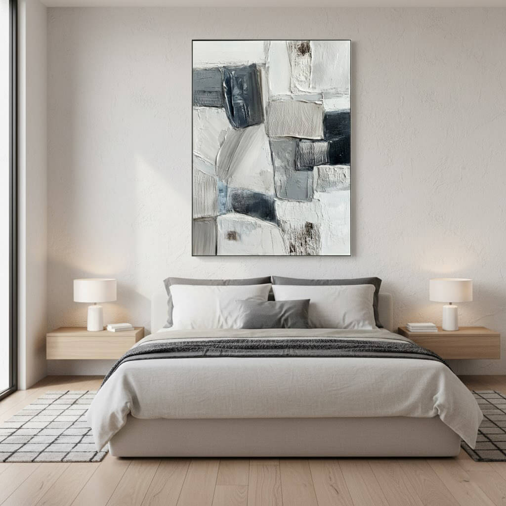 Urban Layers: Textured Black and White Abstract Painting for Modern Wall Decor