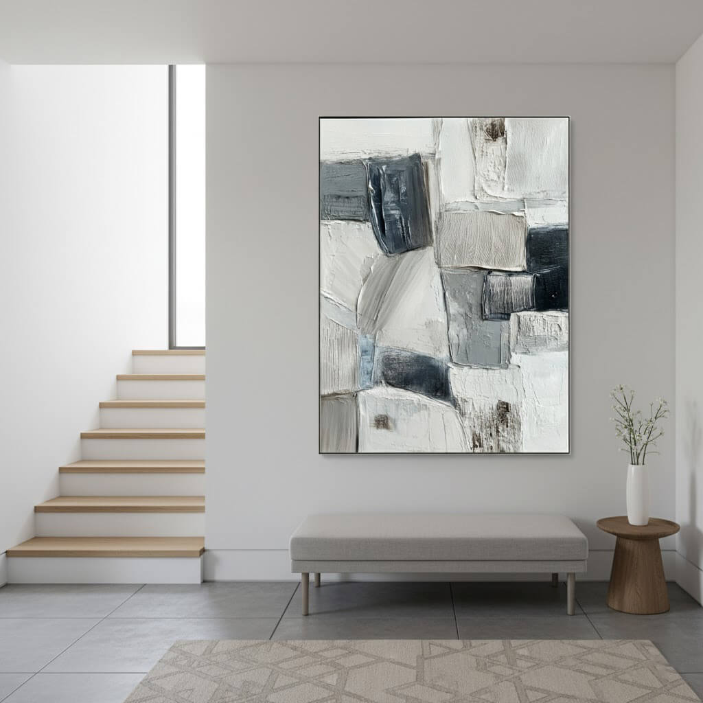 Urban Layers: Textured Black and White Abstract Painting for Modern Wall Decor