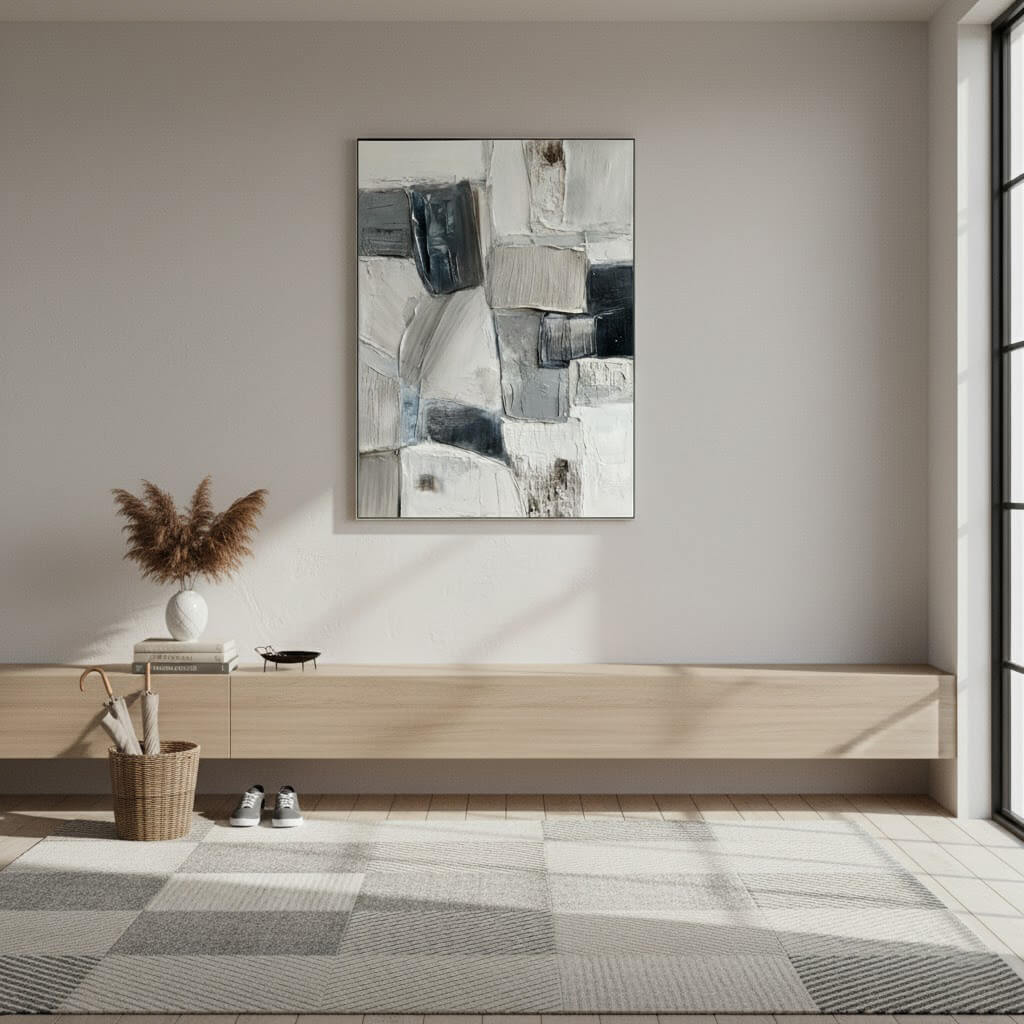 Urban Layers: Textured Black and White Abstract Painting for Modern Wall Decor