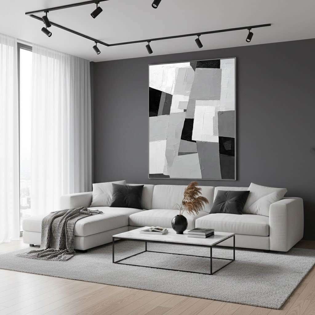 Monochrome Architecture: Textured Black and White Abstract Painting for Modern Decor