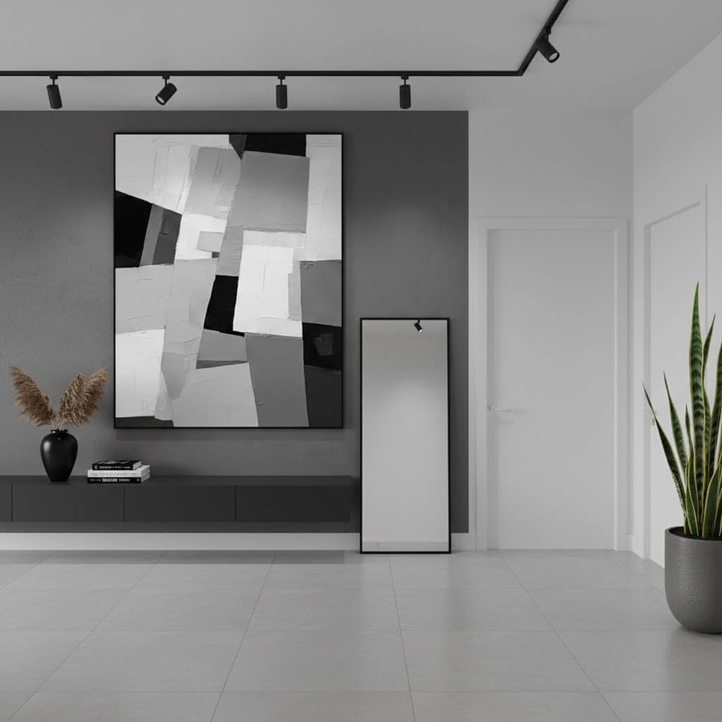 Monochrome Architecture: Textured Black and White Abstract Painting for Modern Decor