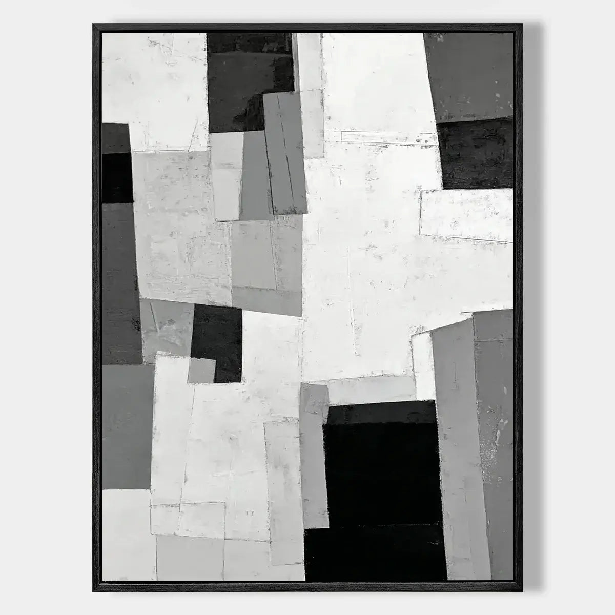 Grey Scale Construct: Textured Black and White Abstract Painting with Geometric Blocks