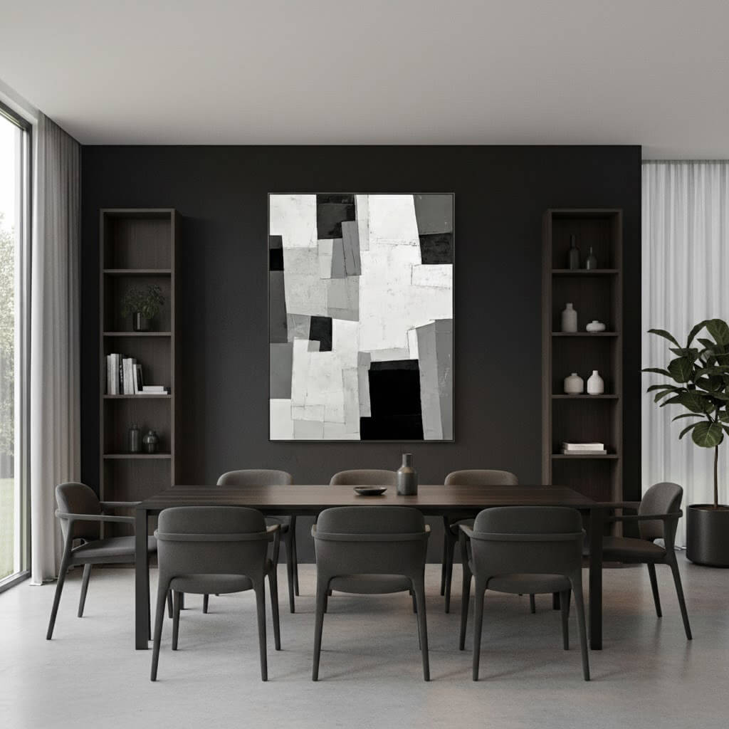 Grey Scale Construct: Textured Black and White Abstract Painting with Geometric Blocks