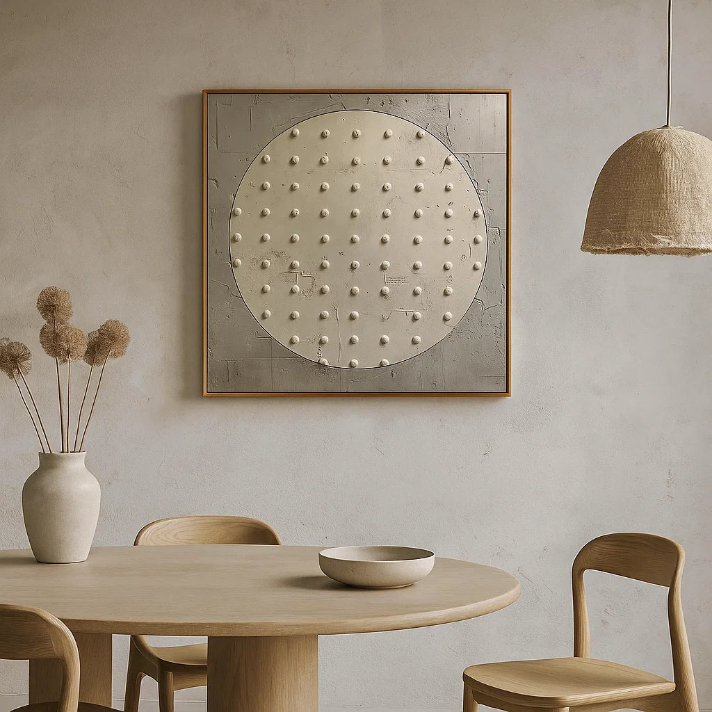 Wabi Sabi Neutral Circle Textured Wall Art, Minimal Abstract Square Canvas for Living Room