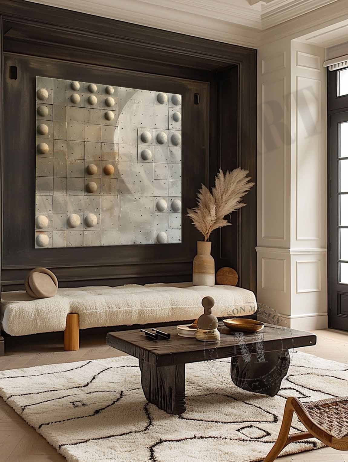 Wabi Sabi Neutral Orb Grid Textured Wall Art, Minimal Abstract Square Canvas