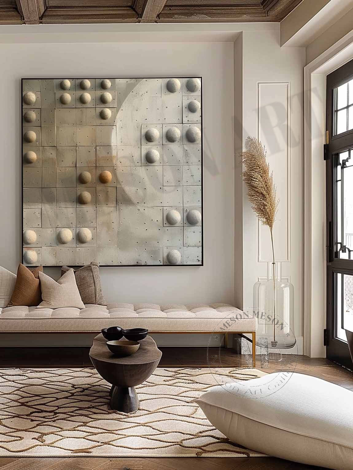 Wabi Sabi Neutral Orb Grid Textured Wall Art, Minimal Abstract Square Canvas