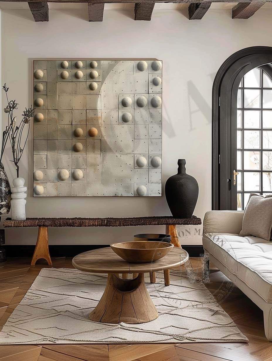 Wabi Sabi Neutral Orb Grid Textured Wall Art, Minimal Abstract Square Canvas