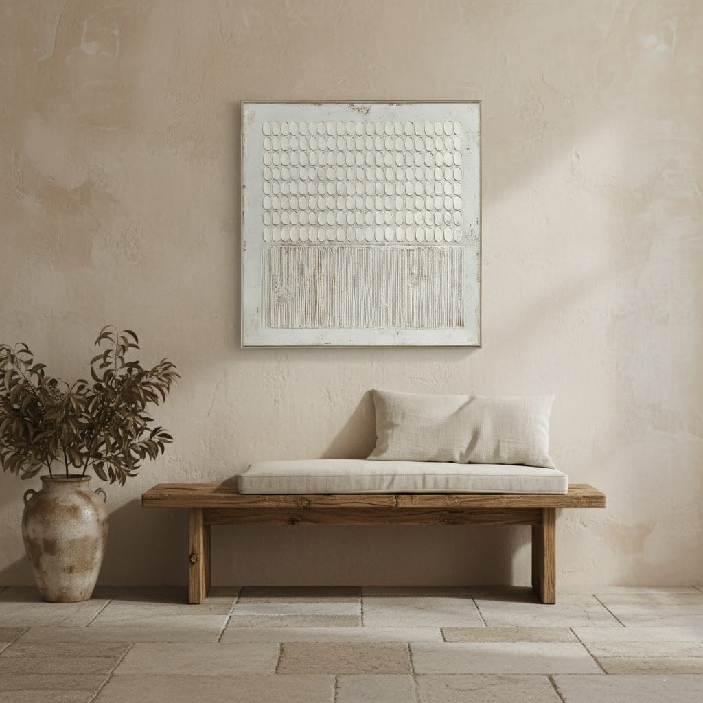 White Rhythm: Textured White Wabi Sabi Painting with 3D Geometric Relief