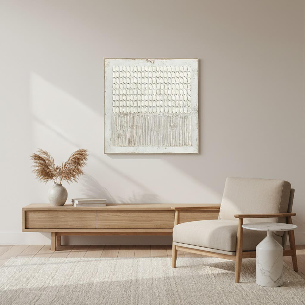 White Rhythm: Textured White Wabi Sabi Painting with 3D Geometric Relief
