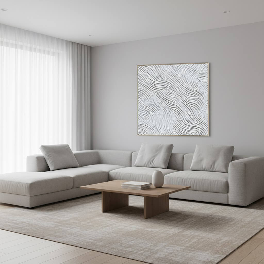White Current: Textured White Abstract Painting with 3D Flowing Waves