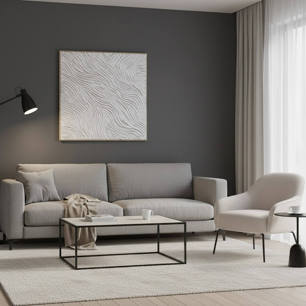 White Current: Textured White Abstract Painting with 3D Flowing Waves