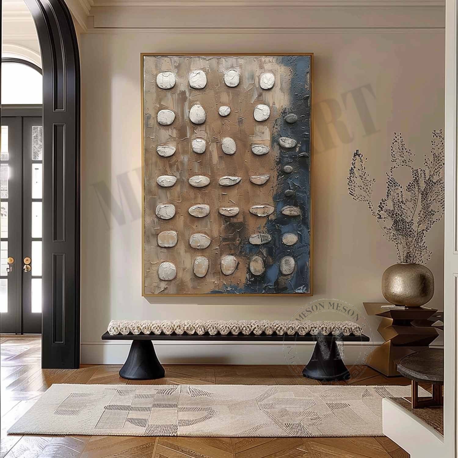 Shoreline Relics: Industrial Wabi Sabi Textured Painting with 3D Stone Relief