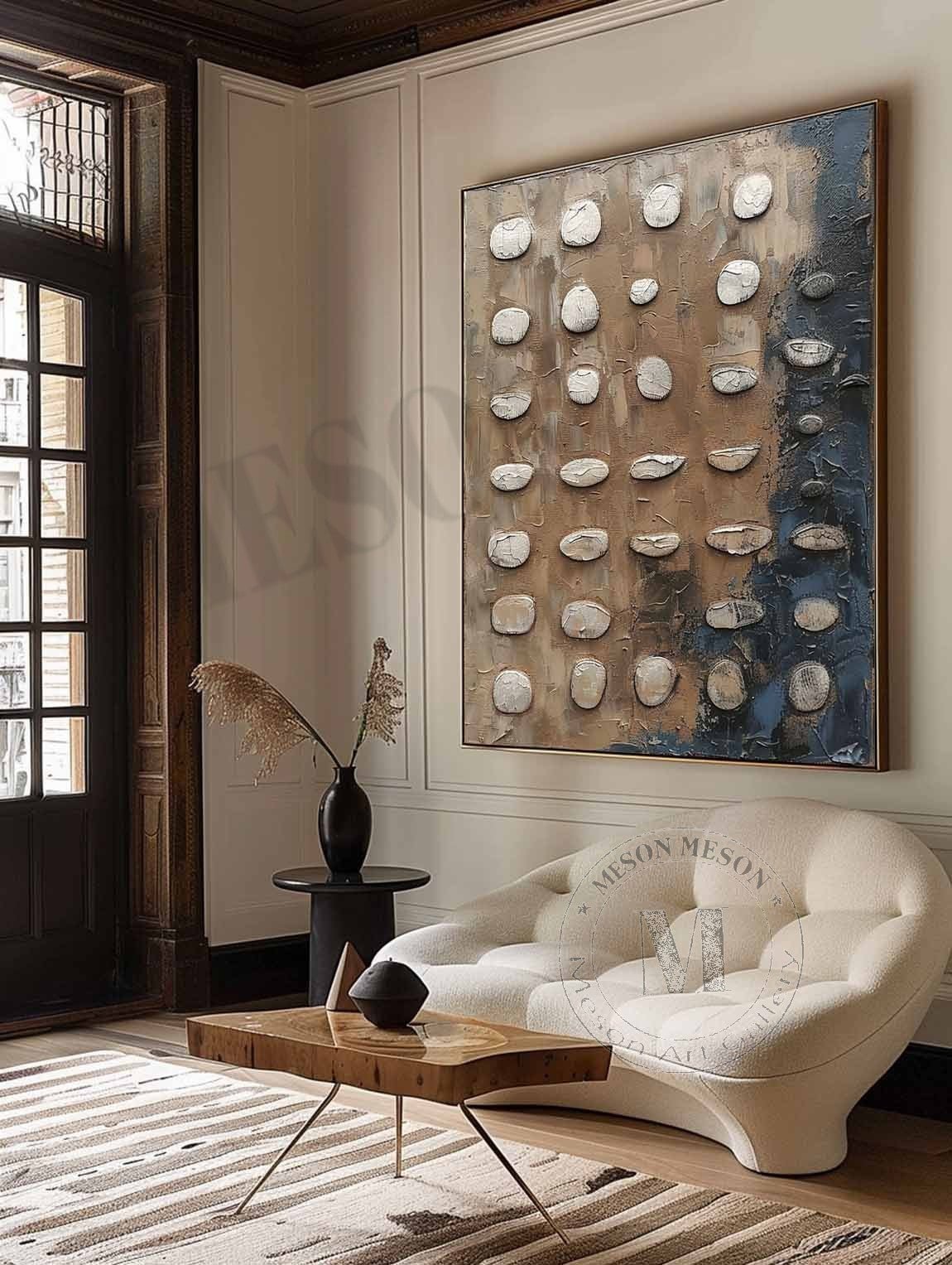 Shoreline Relics: Industrial Wabi Sabi Textured Painting with 3D Stone Relief