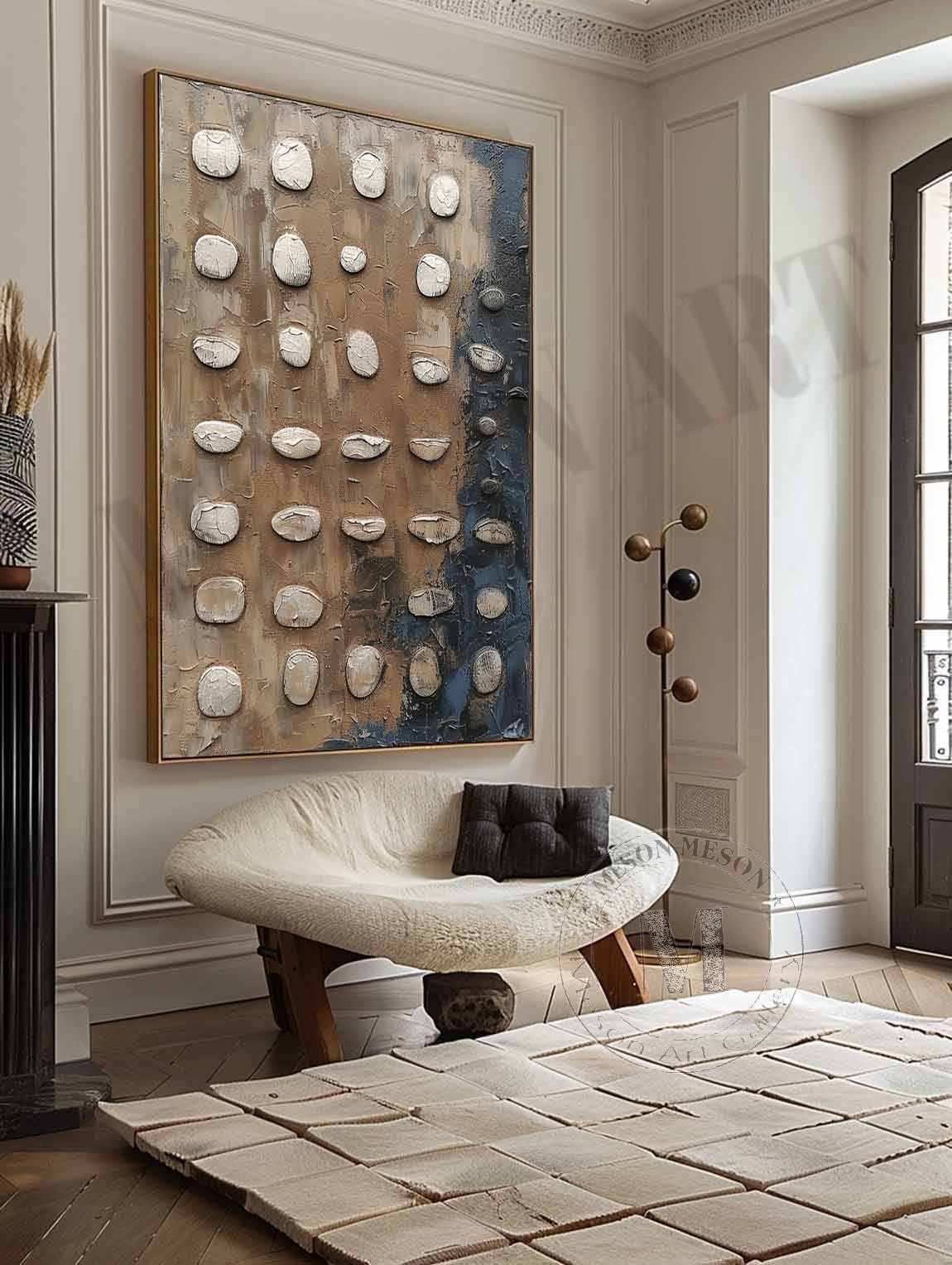 Shoreline Relics: Industrial Wabi Sabi Textured Painting with 3D Stone Relief