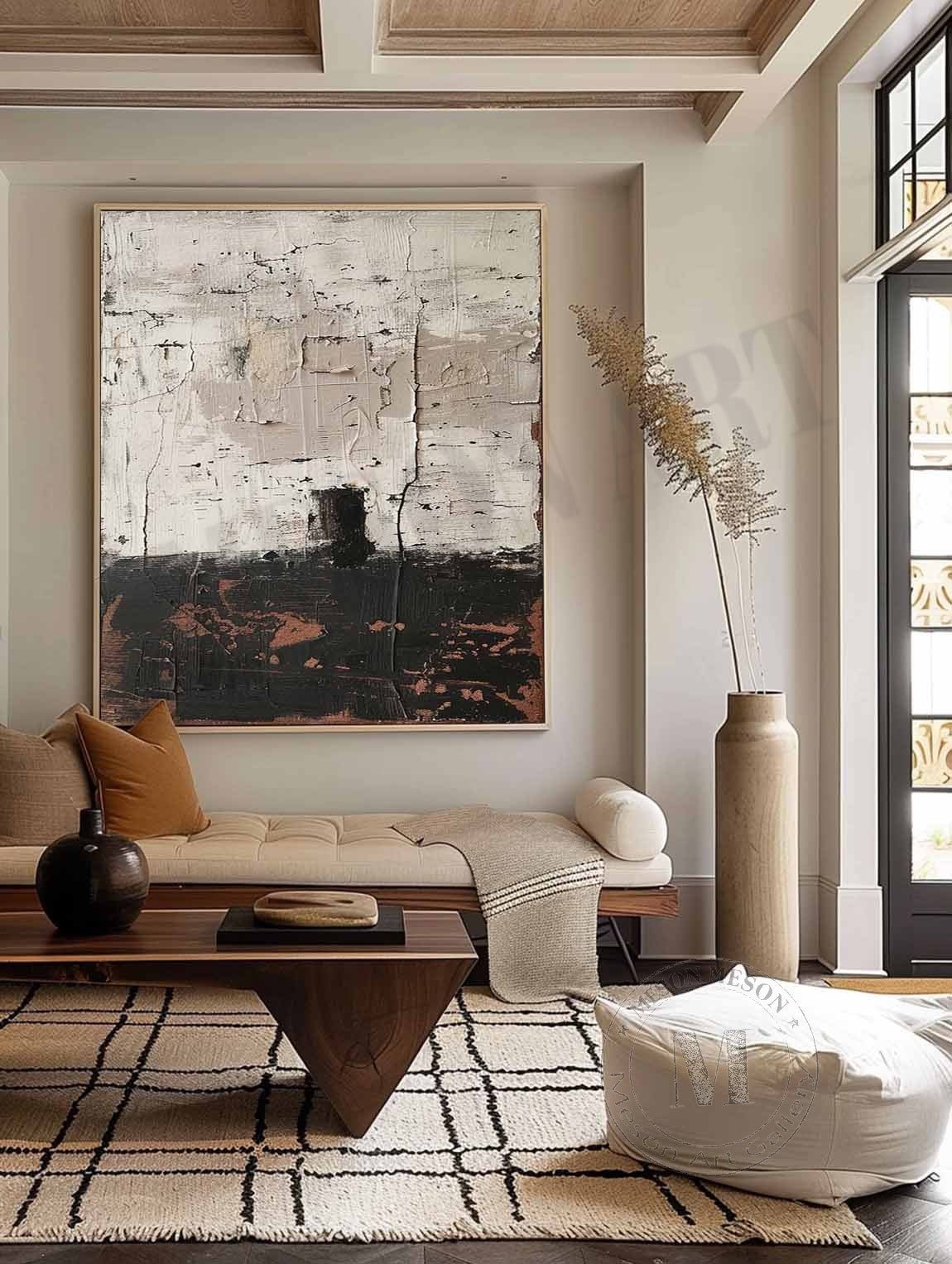 Vestige of Time: Raw Wabi Sabi Textured Abstract Painting in Black and White