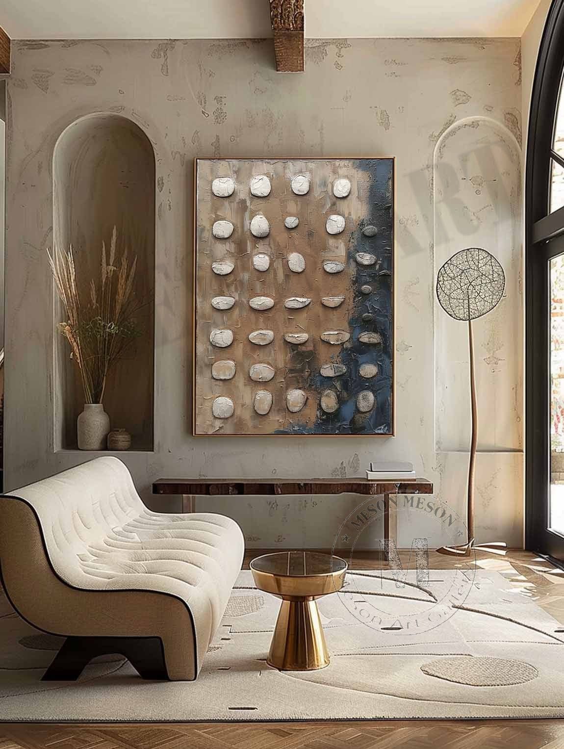 Shoreline Relics: Industrial Wabi Sabi Textured Painting with 3D Stone Relief